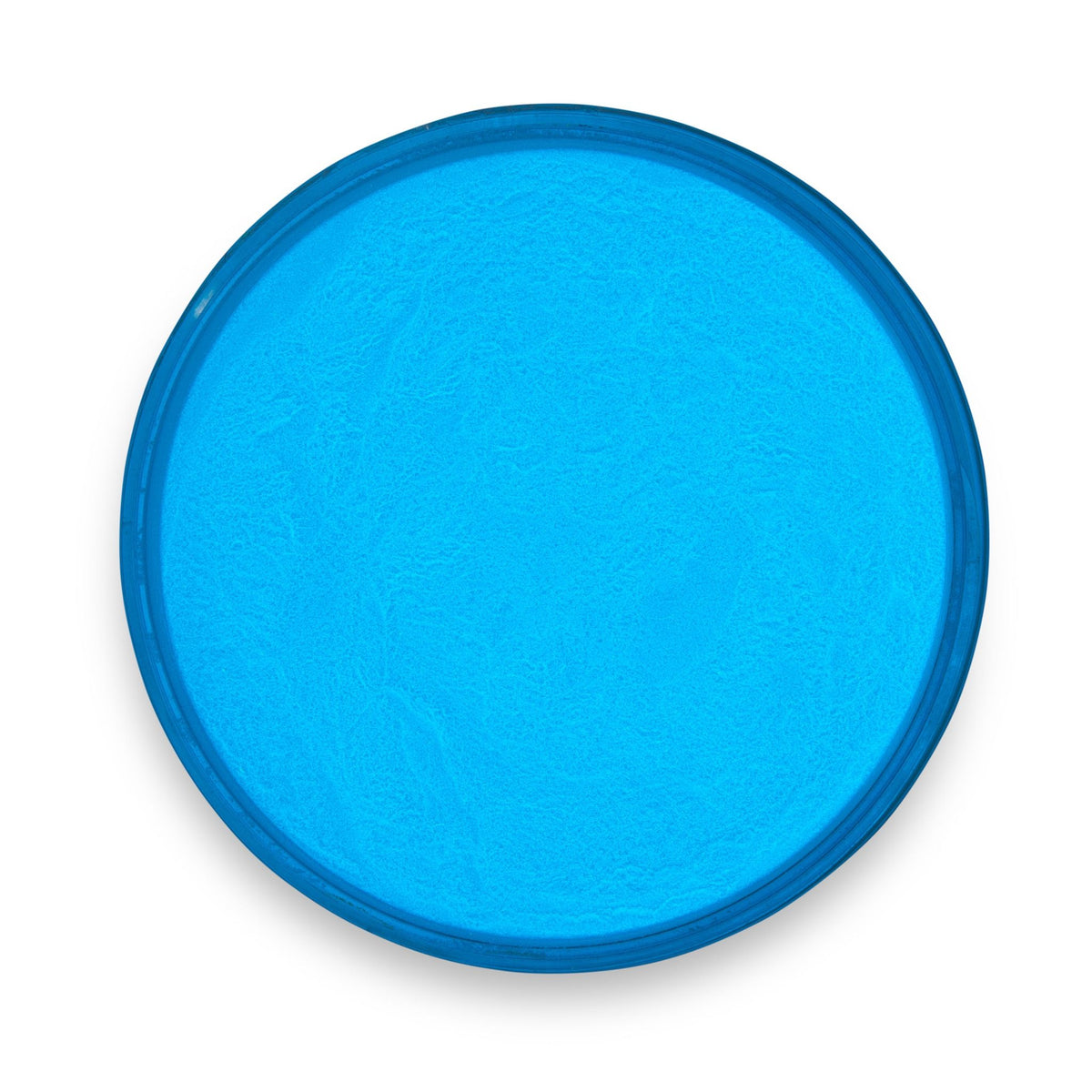 Sky Blue Glow in the Dark Epoxy Powder Pigment in container and applied in epoxy resin projects