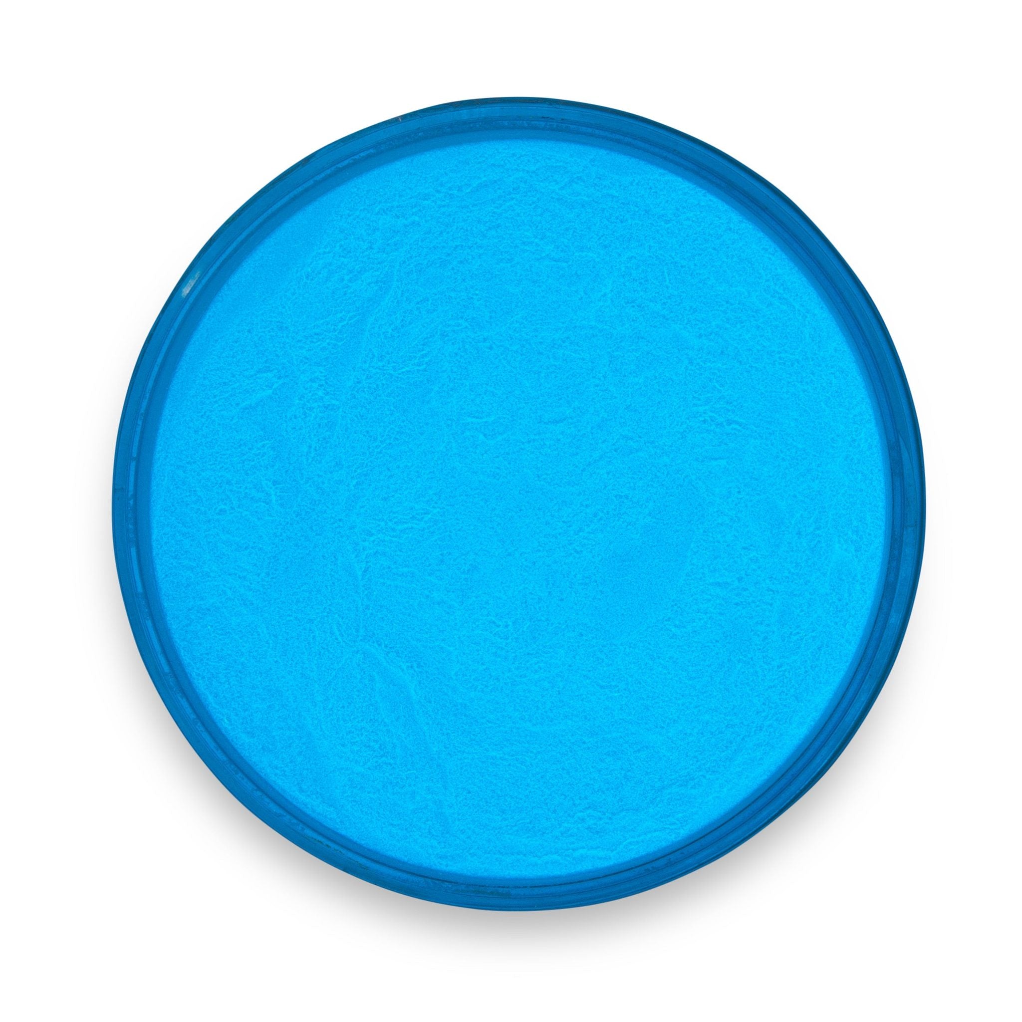 Sky Blue Glow in the Dark Epoxy Powder Pigment in container and applied in epoxy resin projects