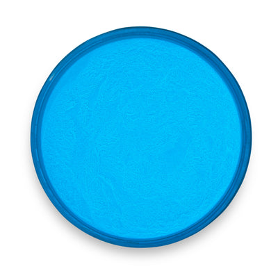 Sky Blue Glow in the Dark Epoxy Powder Pigment in container and applied in epoxy resin projects