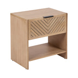 Light wood side table with a rectangular shape, featuring a front drawer with a chevron pattern and a black handle, and an open lower shelf.
