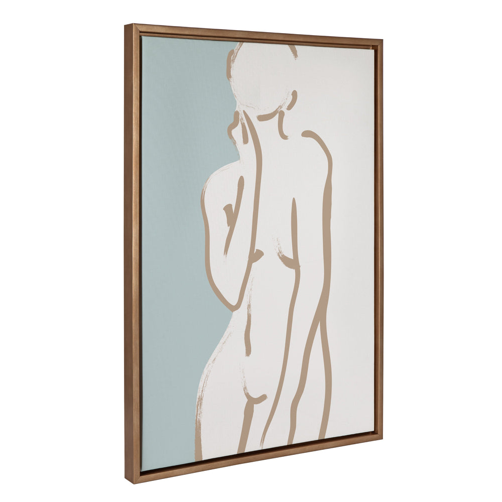 Sylvie Simple Romantic Line Art Drawing 2 framed canvas art with tan and teal abstract body silhouette in a modern white frame
