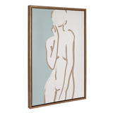 Sylvie Simple Romantic Line Art Drawing 2 framed canvas art with tan and teal abstract body silhouette in a modern white frame