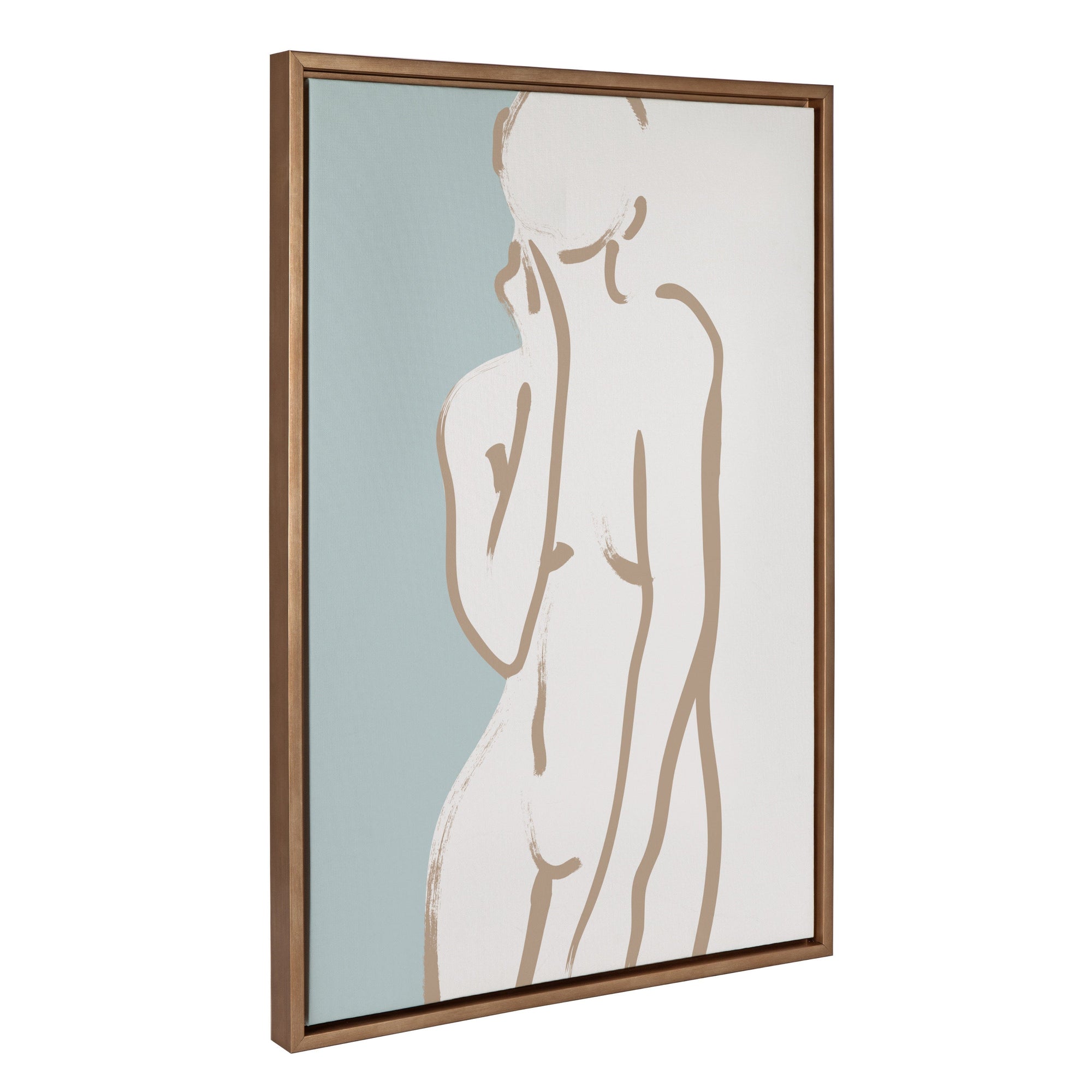 Sylvie Simple Romantic Line Art Drawing 2 framed canvas art with tan and teal abstract body silhouette in a modern white frame