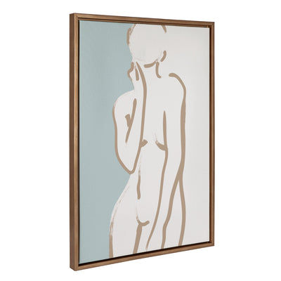Sylvie Simple Romantic Line Art Drawing 2 framed canvas art with tan and teal abstract body silhouette in a modern white frame