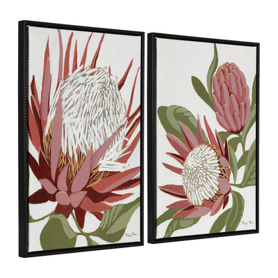 Sylvie Beaded King Protea and King Protea 2 framed floral canvas art set showing bold King Protea flowers with vintage beaded black frame.
