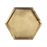 Hexagon-shaped tray with brushed gold-tone finish and recessed rectangular handles integrated into two opposite sides, viewed from above on a white background.