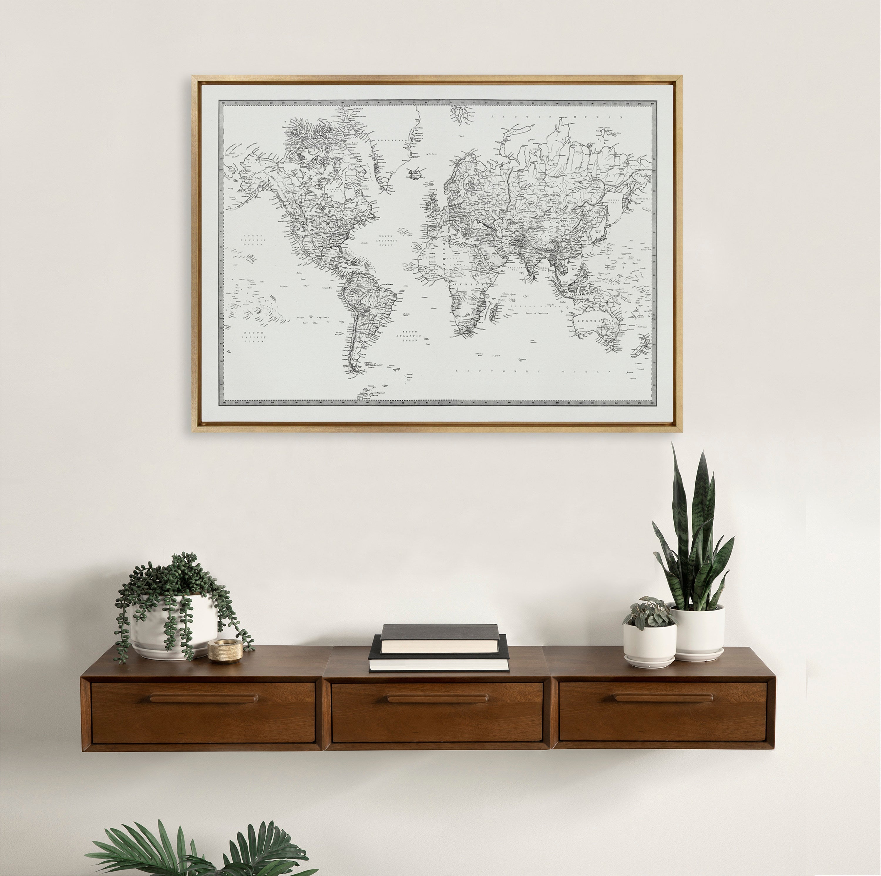 Sylvie Vintage Black and White World Map Framed Canvas by The Creative by kateandlaurel - product image 10 for Resin Society