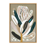 Framed abstract protea flower painting with white, beige, green, and dark teal leaves on a taupe background by Inkheart Designs.