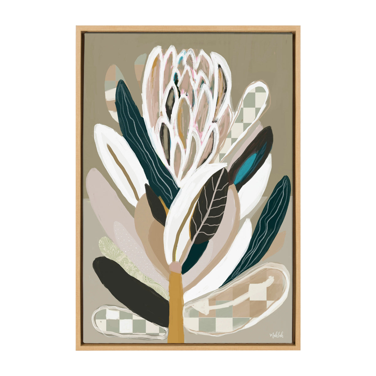 Framed abstract protea flower painting with white, beige, green, and dark teal leaves on a taupe background by Inkheart Designs.