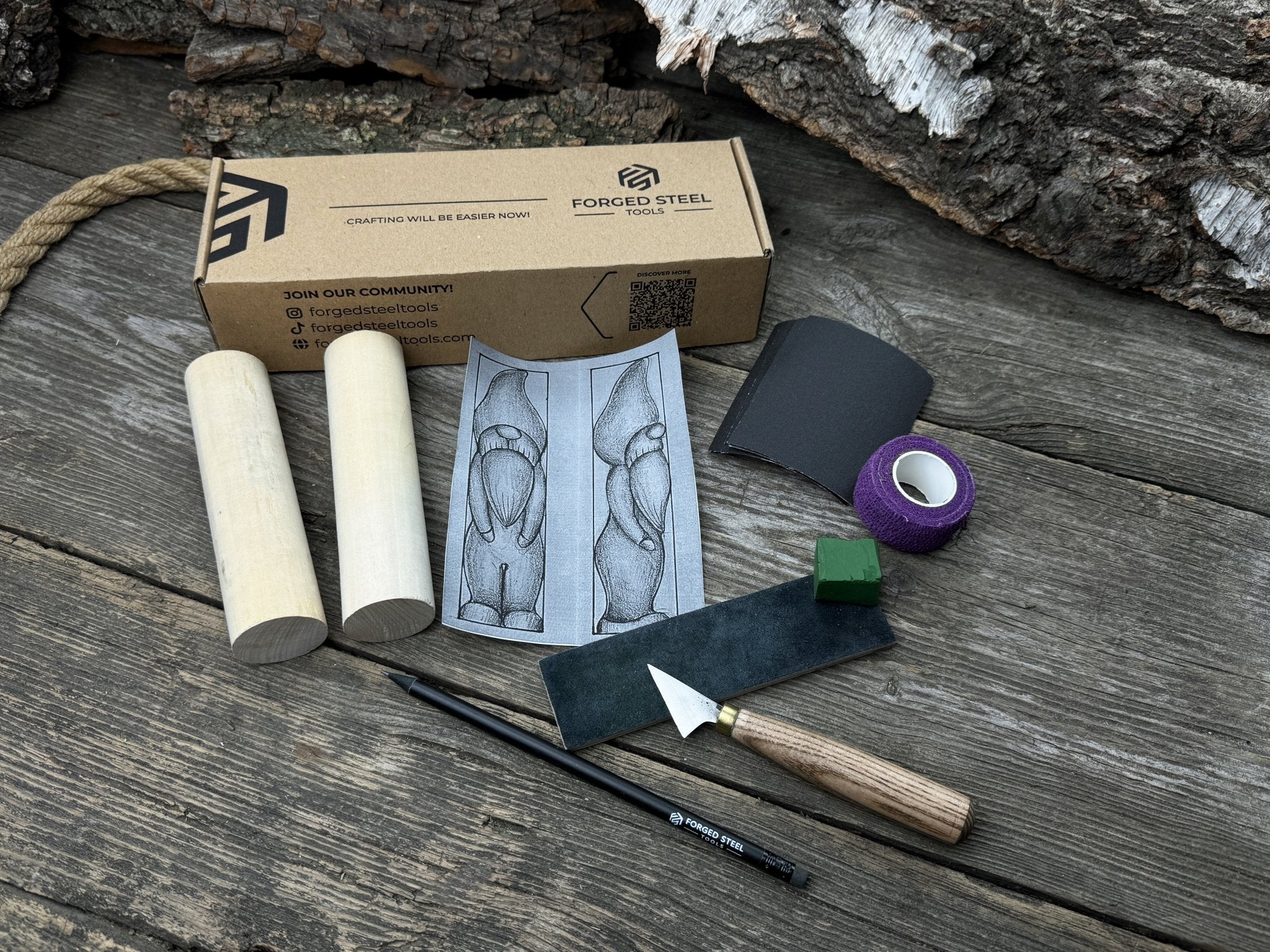 Complete Gnome Carving Kit with knife, wooden blocks, sandpaper, sharpening board, pencil, and gnome drawing template