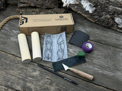 Complete Gnome Carving Kit with knife, wooden blocks, sandpaper, sharpening board, pencil, and gnome drawing template