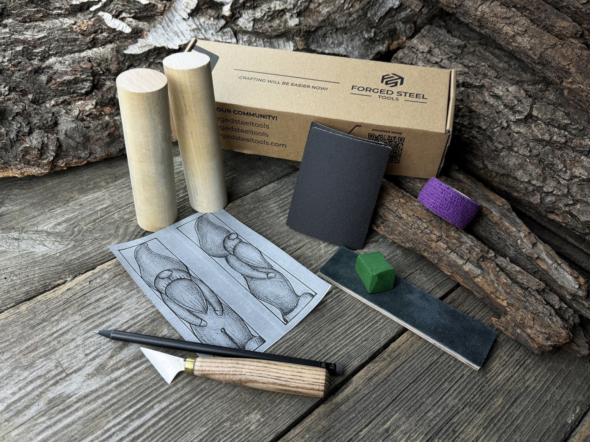 Complete Gnome Carving Kit with knife, wooden blocks, sandpaper, sharpening board, pencil, and gnome drawing template