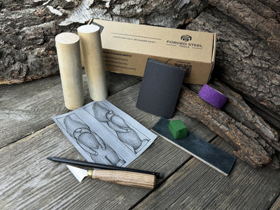 Complete Gnome Carving Kit with knife, wooden blocks, sandpaper, sharpening board, pencil, and gnome drawing template