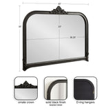 Rectangular wall mirror with an arched top, featuring an ornate crown, solid black finish with beaded detailing, and D-ring hangers on the back, measuring 40 by 30 inches.