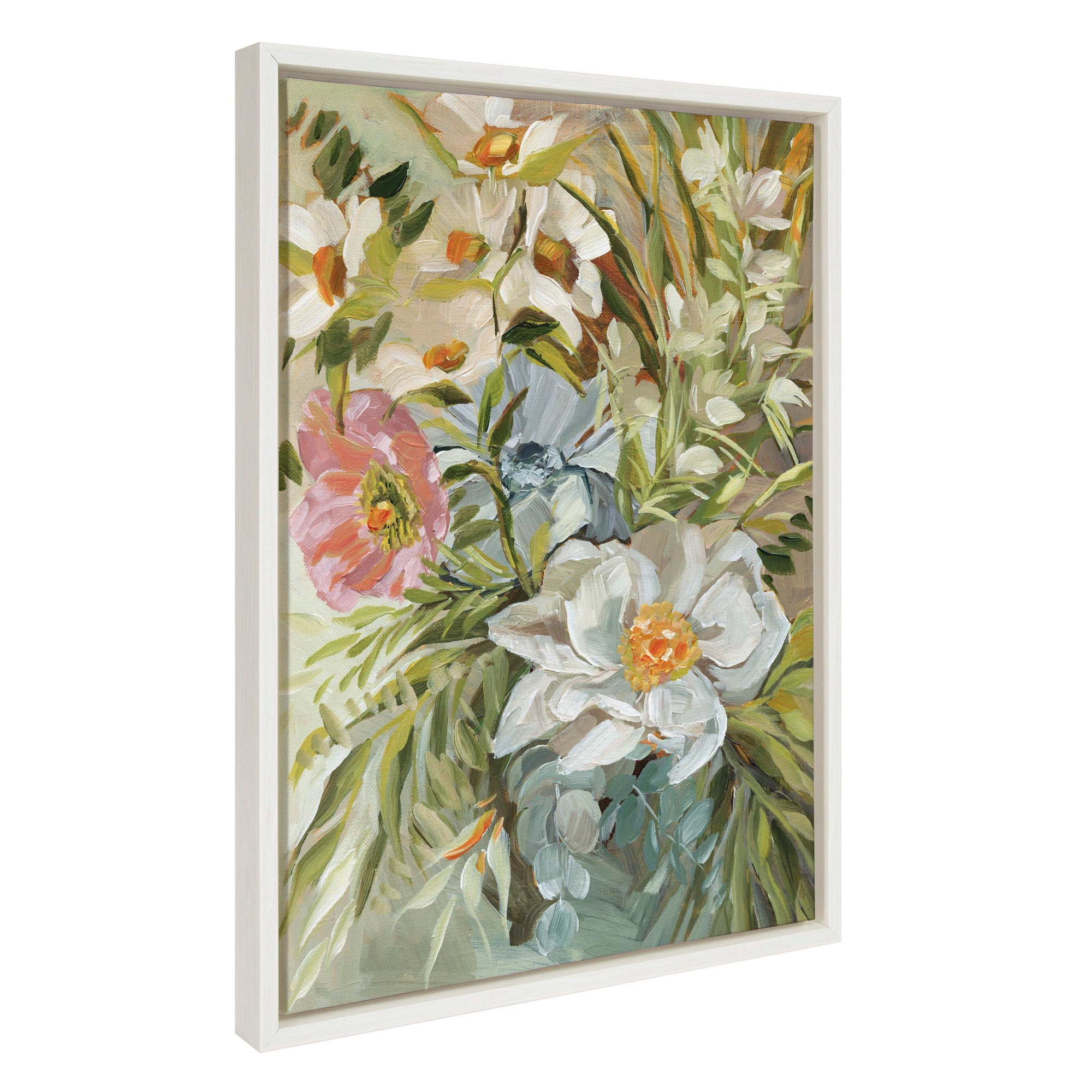 Sylvie Flower Garden framed canvas floral artwork by Annie Quigley in a white frame displayed on a wall.