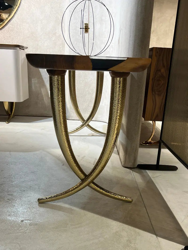 Ivory Collection epoxy resin sofa and console table made of walnut wood with golden aluminum legs