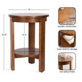 Round wood side table with rich walnut finish featuring a lower shelf for storage and slender legs, detailed with close-up insets highlighting construction and finish.