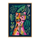 Abstract colorful leopard portrait with geometric shapes and green tropical leaves on dark blue background in a light wood frame.
