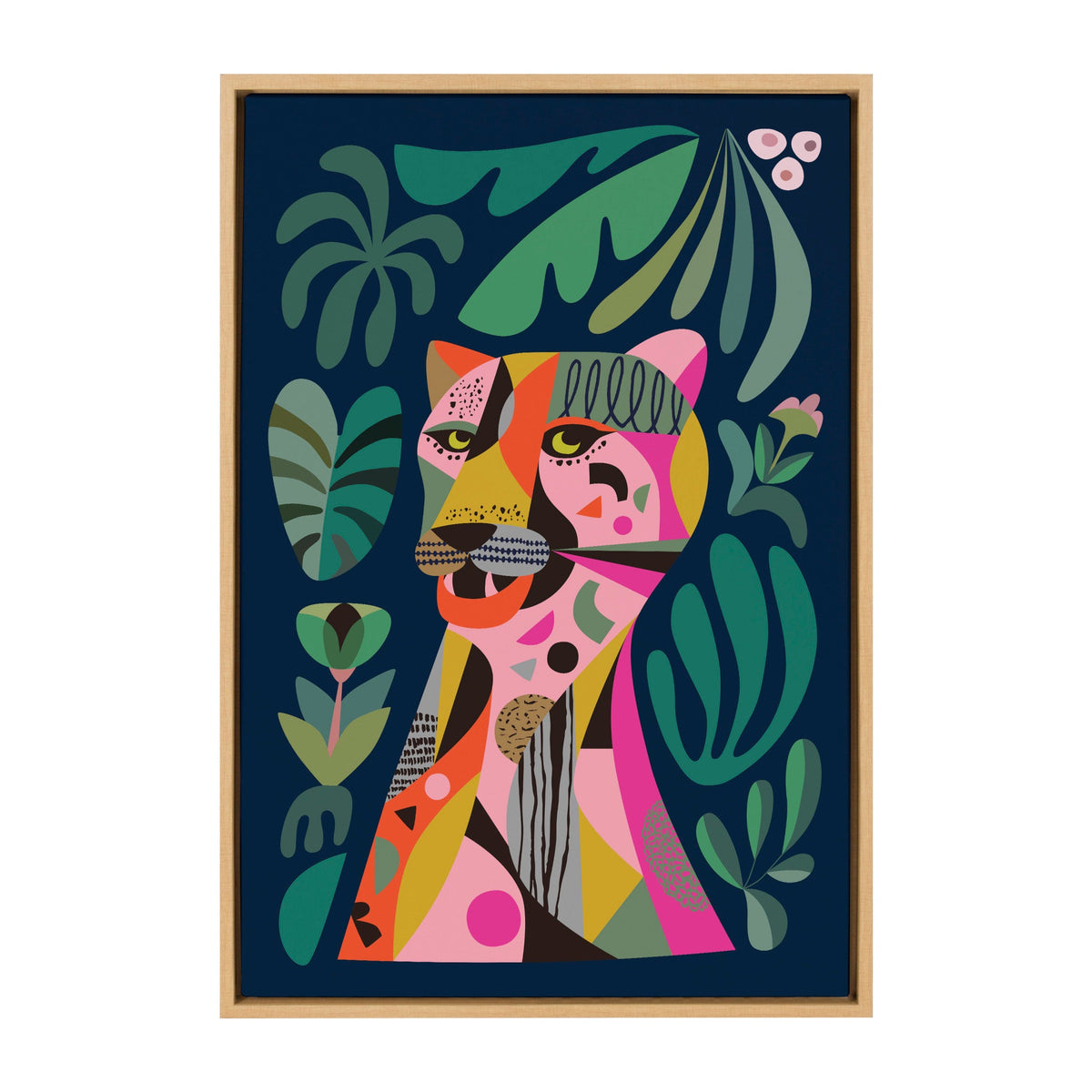 Abstract colorful leopard portrait with geometric shapes and green tropical leaves on dark blue background in a light wood frame.