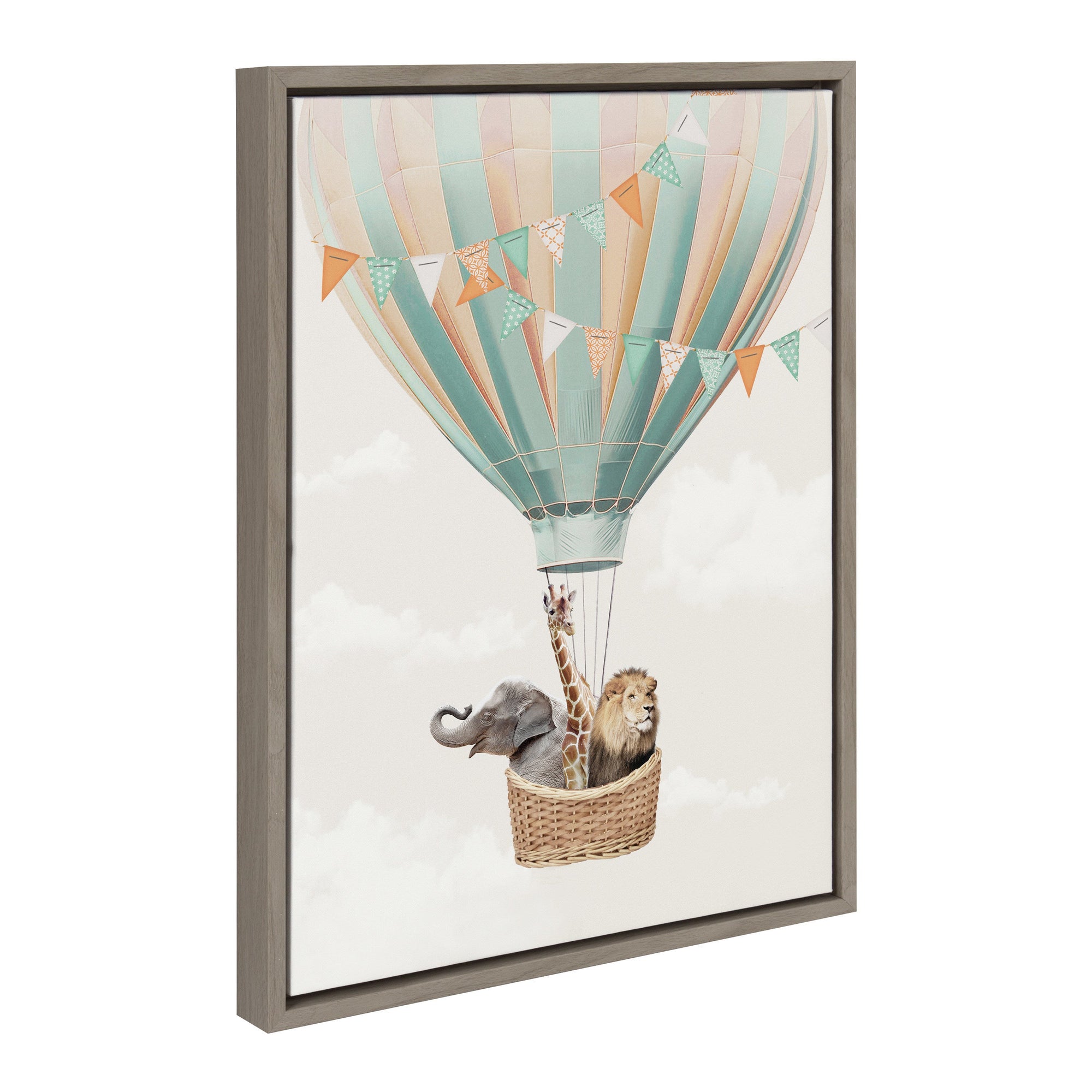 Framed canvas art depicting hot air balloon with zoo animals by July Art Prints