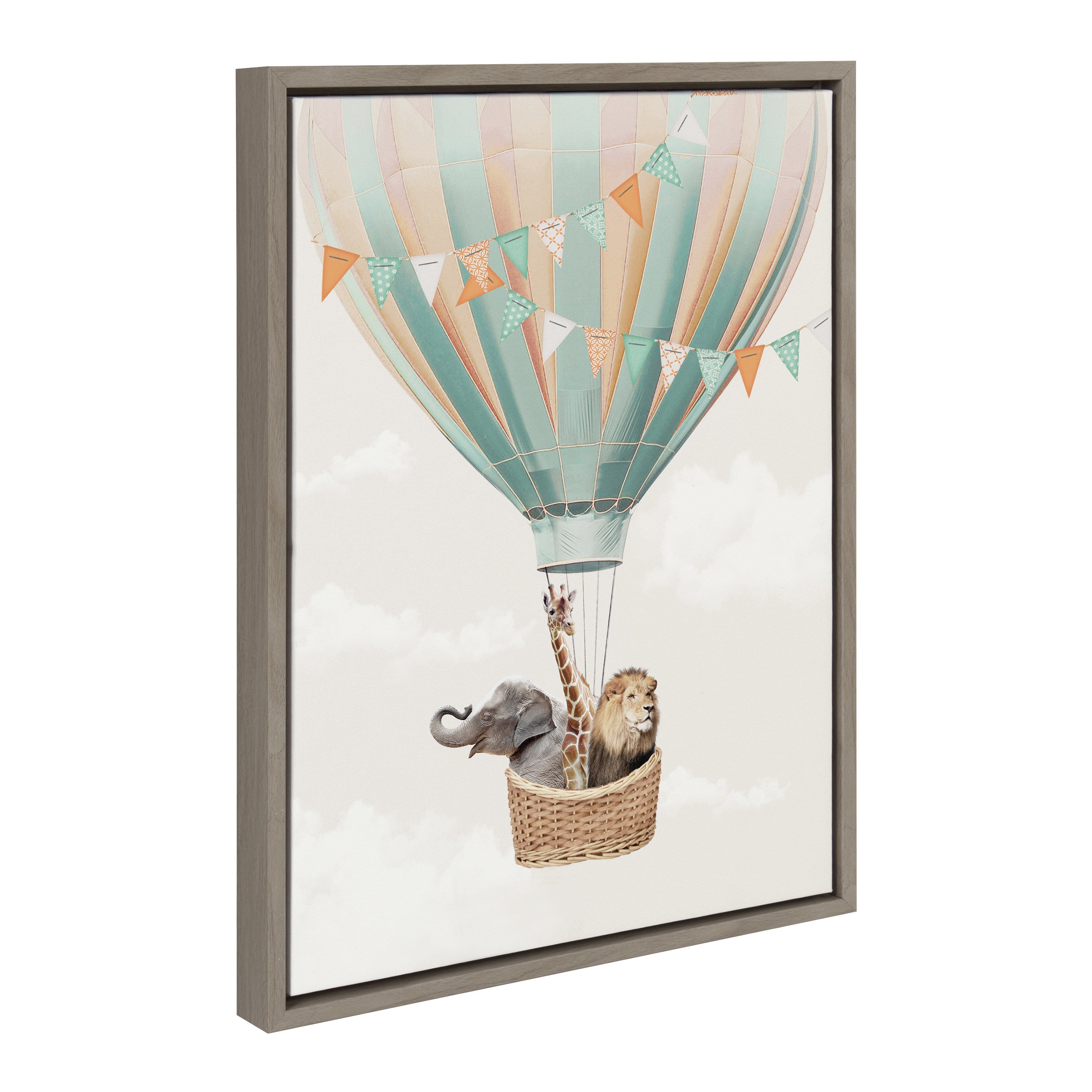 Framed canvas art depicting hot air balloon with zoo animals by July Art Prints