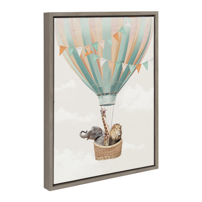 Framed canvas art depicting hot air balloon with zoo animals by July Art Prints