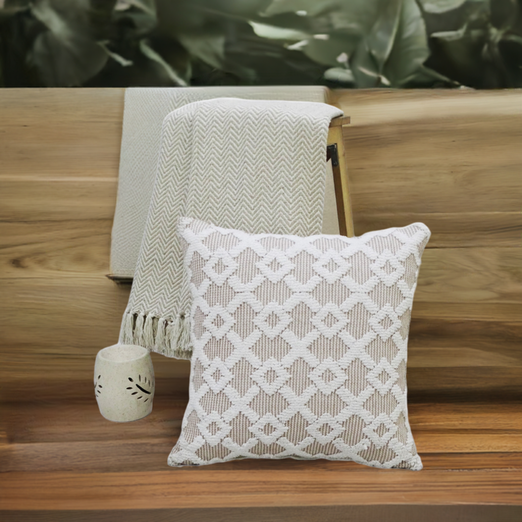 Beige machine-woven geo texture decorative throw pillow with solid cotton back on a modern interior sofa.