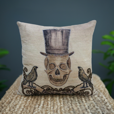 20 x 20 inch Halloween throw pillow with beige and black embroidered skull design