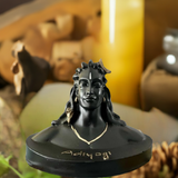 Black bust statue of Adiyogi with detailed hair and serene expression, featuring a golden snake decoration and engraved base text, displayed against blurred warm background.