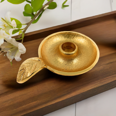 Golden Taper Candlestick Holder Dish with leaf-shaped handle and rustic finish