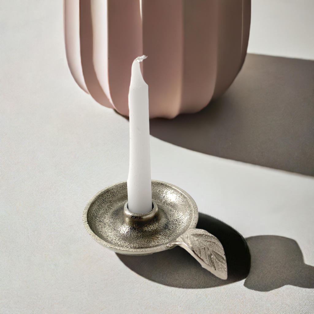 Vibhsa Taper Candlestick Holder Dish in silver with leaf-shaped handle