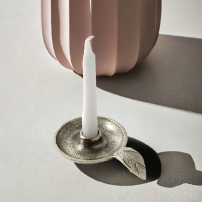 Vibhsa Taper Candlestick Holder Dish in silver with leaf-shaped handle