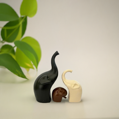 Decorative Elephant Ceramic Figurines set of 3 Black Brown and Off White