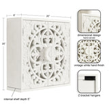 Square white wooden wall cabinet with hand-carved, dimensional floral pattern on front doors, featuring a vintage white finish and Z-bracket hangers for mounting.