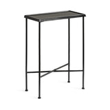 Slim black metal side table with a rectangular top featuring a hammered texture on the edges and slender legs connected by a crossbar support.