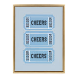 Three light blue tickets arranged vertically on a pale blue background, each labeled with the word CHEERS and black numeric codes, framed in natural wood.