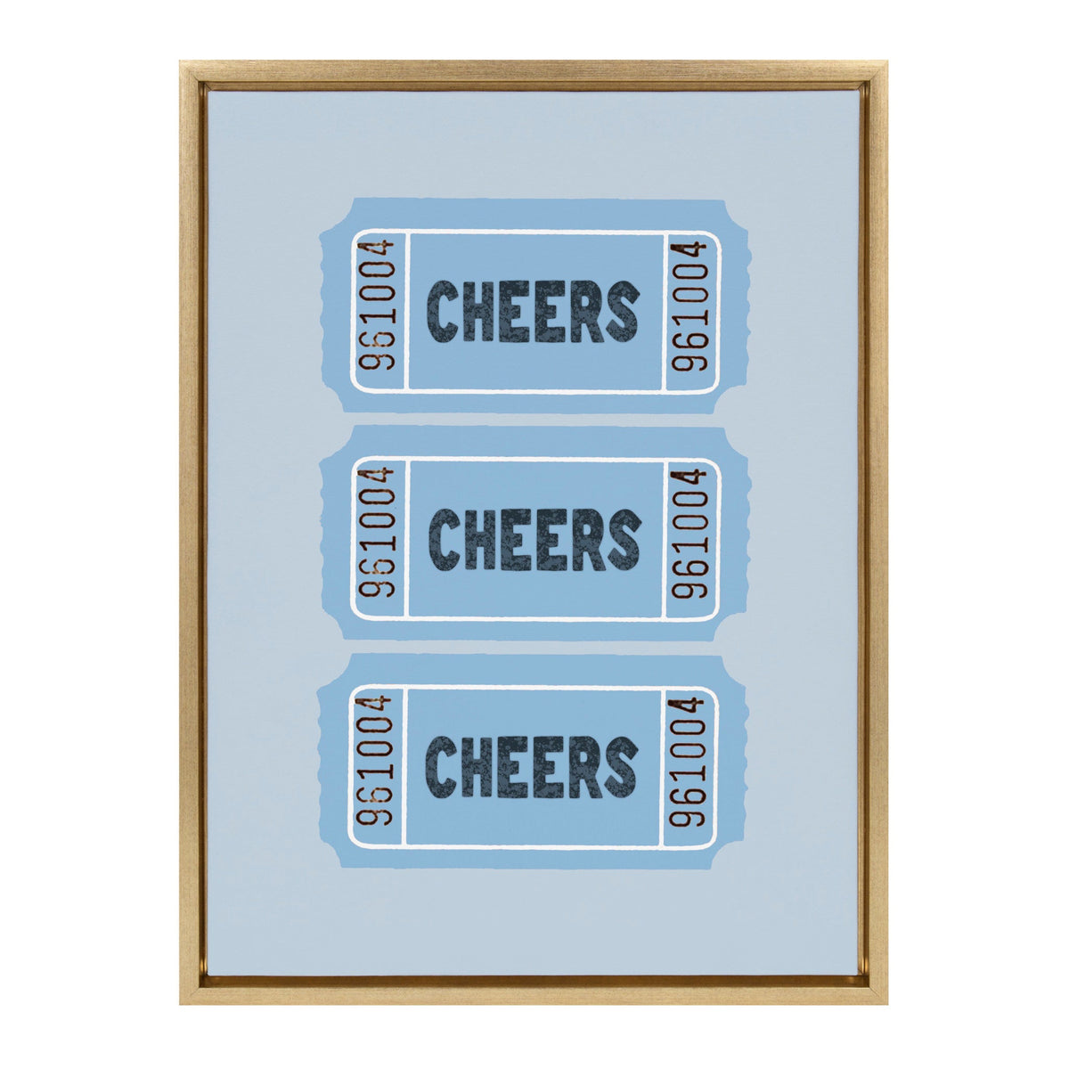 Three light blue tickets arranged vertically on a pale blue background, each labeled with the word CHEERS and black numeric codes, framed in natural wood.