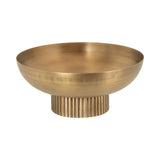 Round brass bowl with smooth interior and ribbed cylindrical base in a warm golden finish, shown against a plain white background.
