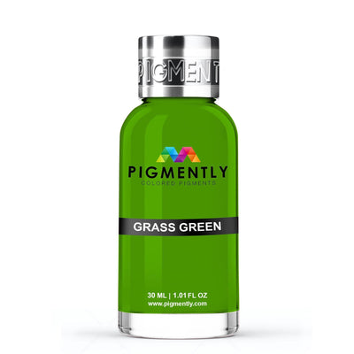 Grass Green Liquid Epoxy Dye bottle and resin sample showing vibrant green color