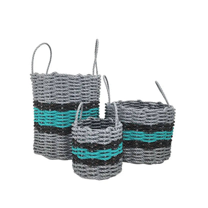Lobster rope basket in light gray and teal with black accents, shown in multiple sizes