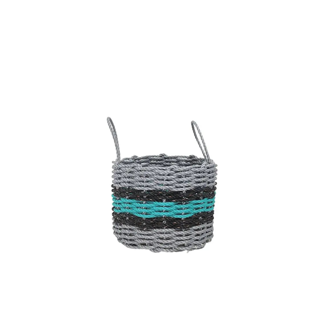Lobster rope basket in light gray and teal with black accents, shown in multiple sizes