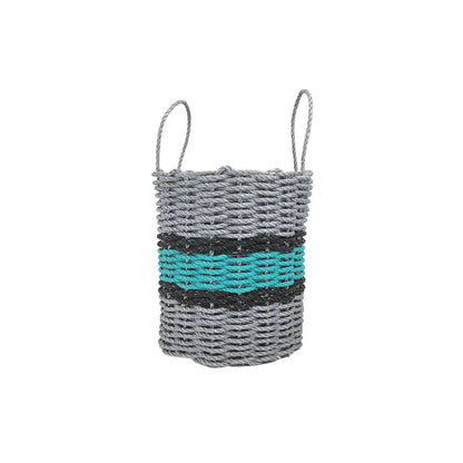 Lobster rope basket in light gray and teal with black accents, shown in multiple sizes