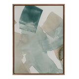 Abstract watercolor painting with overlapping soft teal and beige brushstrokes framed in dark wood, featuring translucent washes and irregular edges.