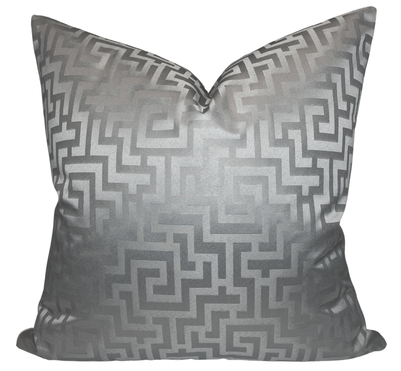 Greek Key Pillow Cover in Silver shown in multiple views displaying geometric grey pattern