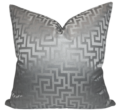 Greek Key Pillow Cover in Silver shown in multiple views displaying geometric grey pattern