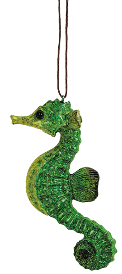 Green Seahorse Ornament with metallic finish hanging on a cord