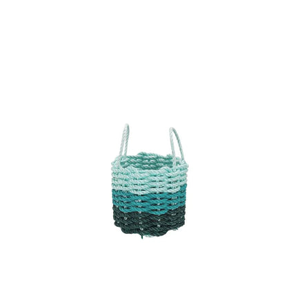Handmade lobster rope storage baskets in hunter green, teal, and seafoam colors, shown in three sizes