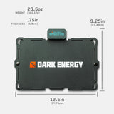 Rectangular dark gray solar panel with hexagonal pattern, featuring 'DARK ENERGY' in white and orange text, shown with dimensions and weight annotations.