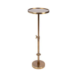 Adjustable height polished metal plant stand with a round tray top and circular weighted base in a warm bronze finish.