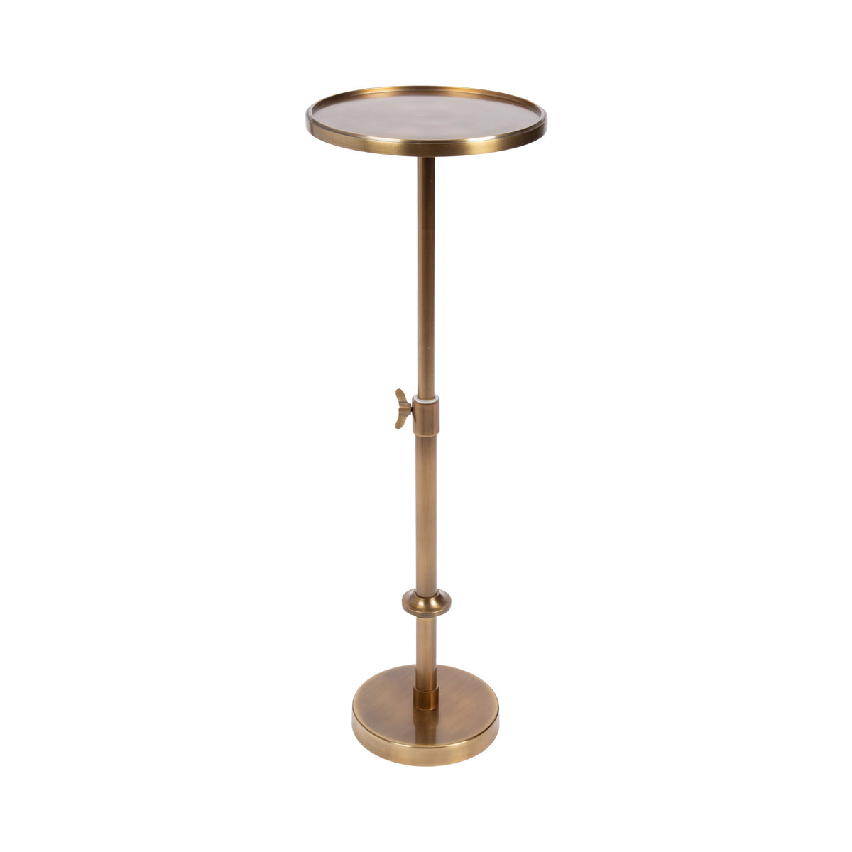 Adjustable height polished metal plant stand with a round tray top and circular weighted base in a warm bronze finish.
